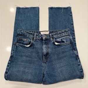 Topshop Frayed Hem High Waisted Straight Cropped Blue Jeans Sz 28
